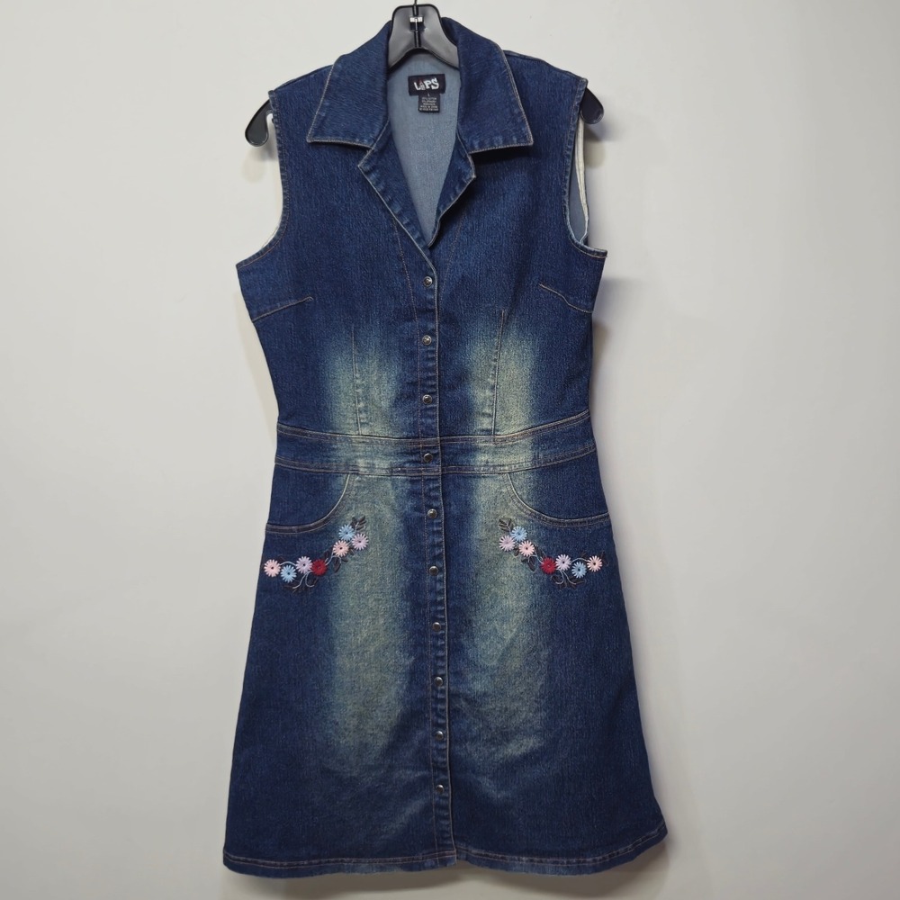 Vintage Y2K Mini Denim Jean Dress Large Dark Wash Fading Floral Embroidery Fairy